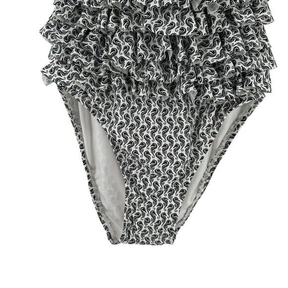 LOFT Swimsuit One Piece Size 6 Ruffle Front Halter Seahorse White And Black NEW - Picture 6 of 11